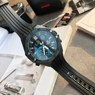 Casio Edifice Chronograph Bluetooth Black Blue Resin Case Textured Rubber Strap Sports Watch