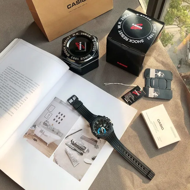 Casio Edifice Chronograph Bluetooth Black Blue Resin Case Textured Rubber Strap Sports Watch 4