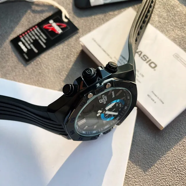 Casio Edifice Chronograph Bluetooth Black Blue Resin Case Textured Rubber Strap Sports Watch 5