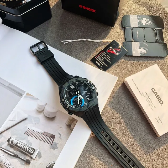 Casio Edifice Chronograph Bluetooth Black Blue Resin Case Textured Rubber Strap Sports Watch 6
