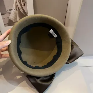 Celine Beige Brown Felt Satin Ribbon Bow Beret