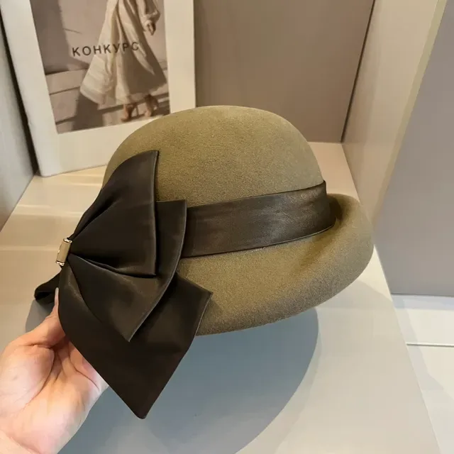 Celine Beige Brown Felt Satin Ribbon Bow Beret 2