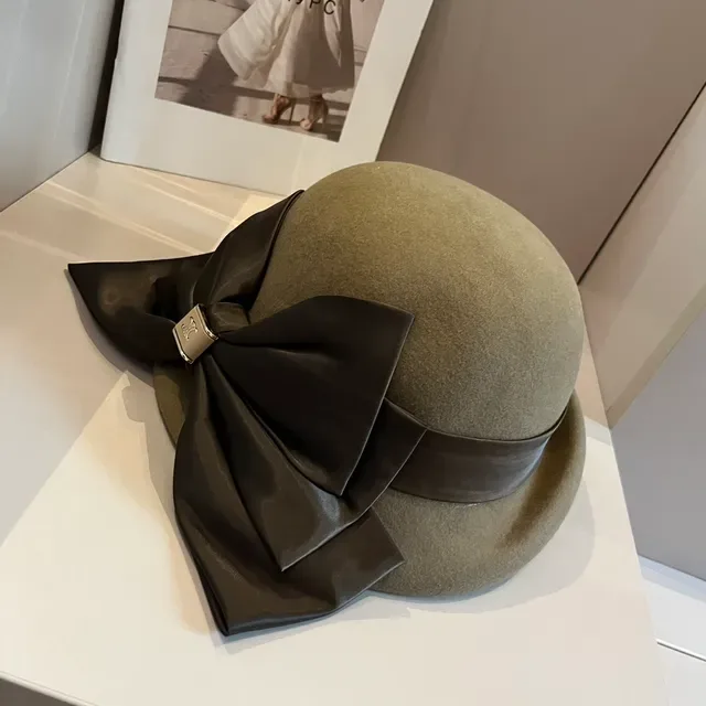 Celine Beige Brown Felt Satin Ribbon Bow Beret 3