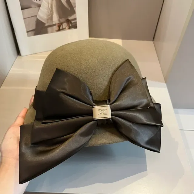 Celine Beige Brown Felt Satin Ribbon Bow Beret 4