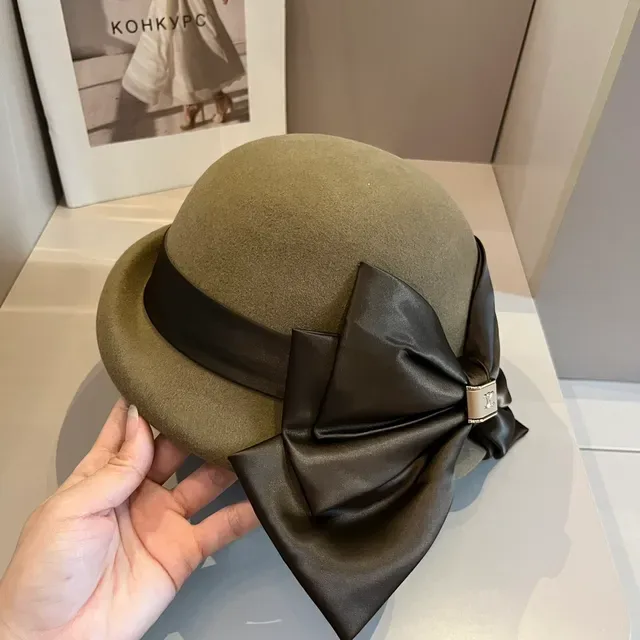 Celine Beige Brown Felt Satin Ribbon Bow Beret 5