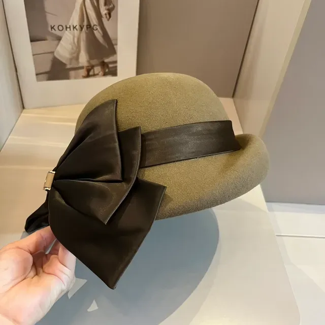 Celine Beige Brown Felt Satin Ribbon Bow Beret 7
