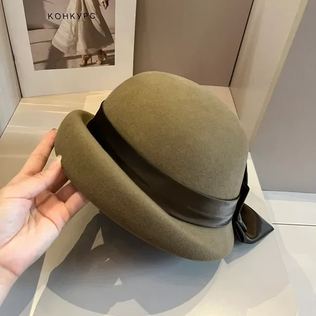 Celine Beige Brown Felt Satin Ribbon Bow Beret 8