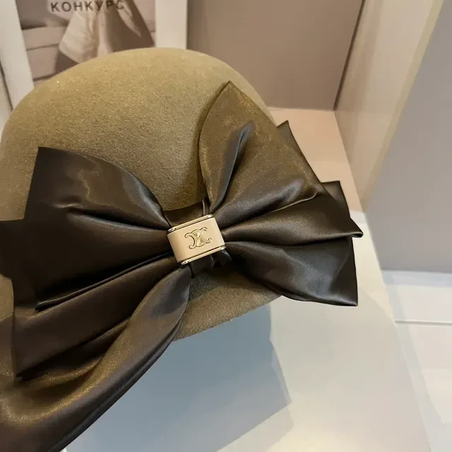 Celine Beige Brown Felt Satin Ribbon Bow Beret 9