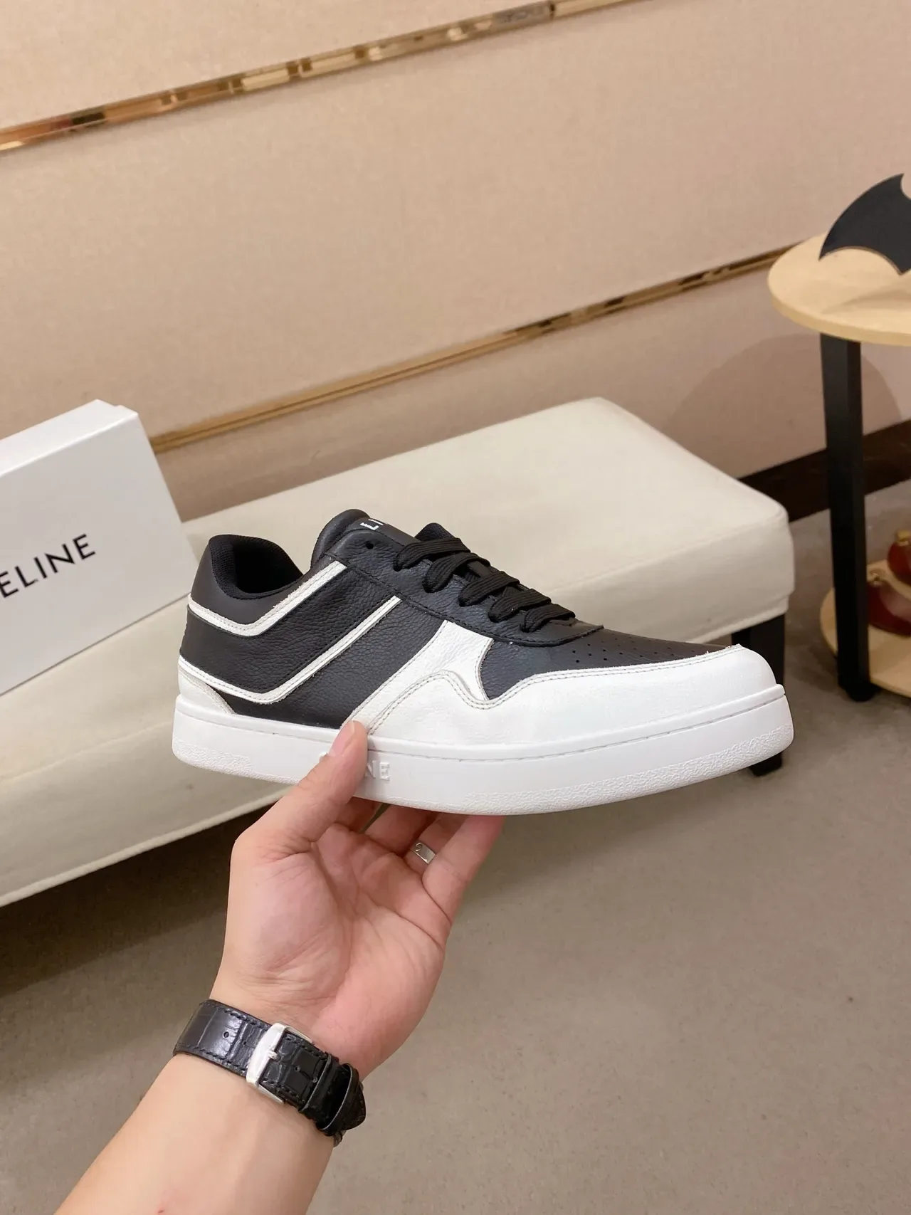 Celine CT-01 Baskets Lifestyle Noir et Blanc en Cuir Panelé 5