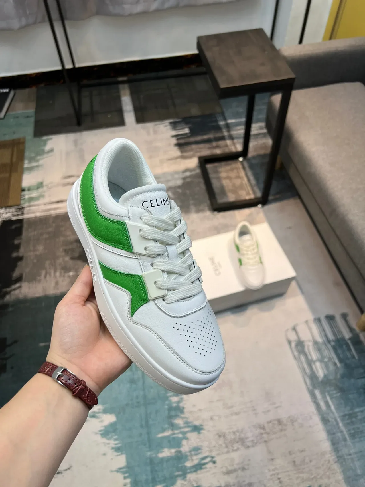 Celine CT-01 White and Green Leather Lifestyle Sneakers 6