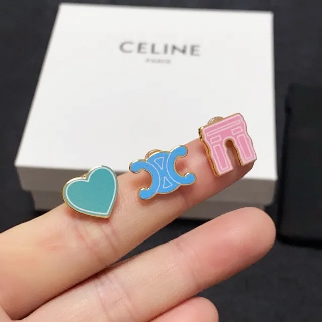 Celine Enamel Pin Set Heart CC Triomphe Brooches 1