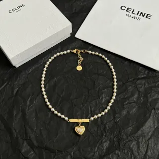 Celine Gold White Pearl Strand Hardware Necklace