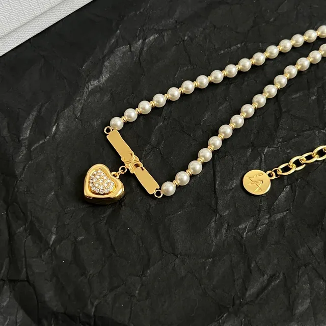 Celine Gold White Pearl Strand Hardware Necklace 2