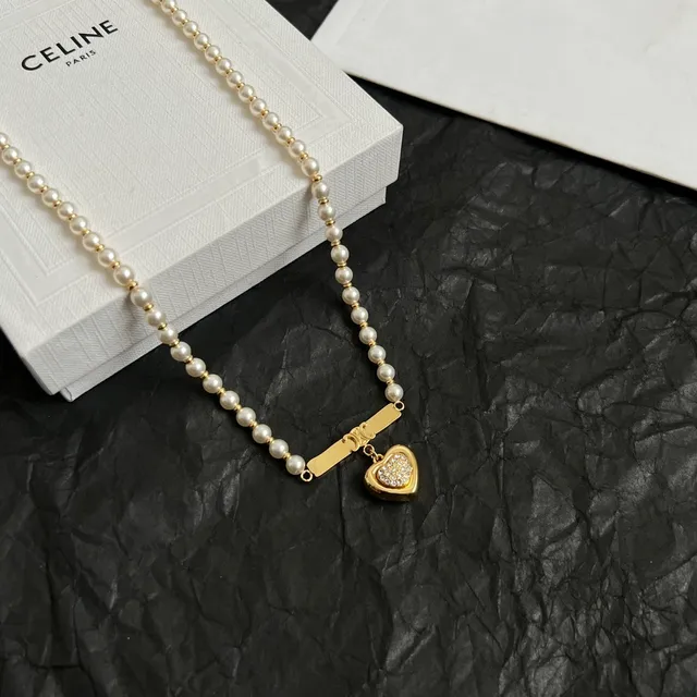 Celine Gold White Pearl Strand Hardware Necklace 4