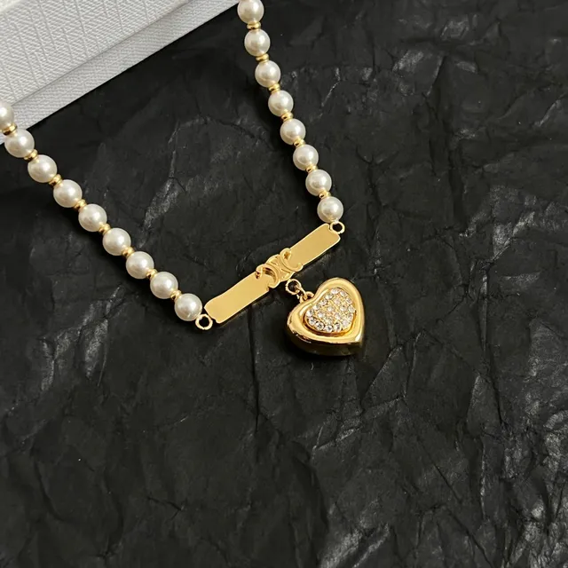 Celine Gold White Pearl Strand Hardware Necklace 5