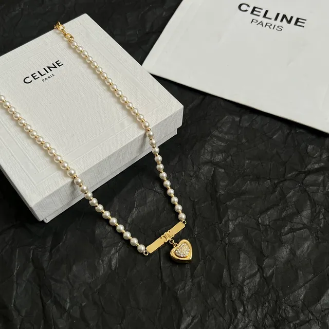 Celine Gold White Pearl Strand Hardware Necklace 6