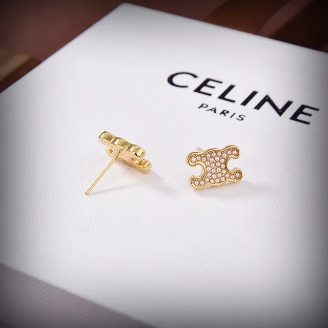 Celine Puzzle-Piece Micro-Pearl Pavé Gold-Tone Brincos 3