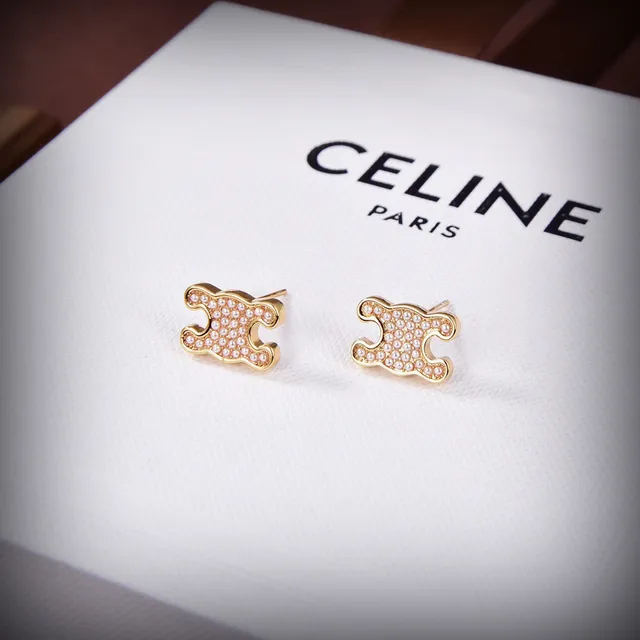 Celine Puzzle-Piece Micro-Pearl Pavé Gold-Tone Brincos 4