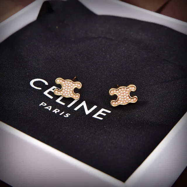 Celine Puzzle-Piece Micro-Pearl Pavé Gold-Tone Brincos 5