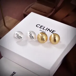 Celine Silver Gold Spherical Engraved Logo Earrings