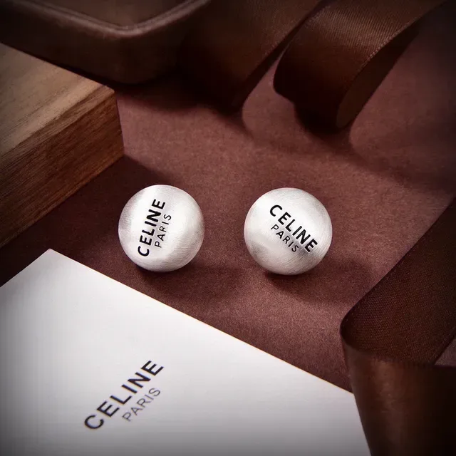 Celine Silver Gold Spherical Engraved Logo Earrings 2