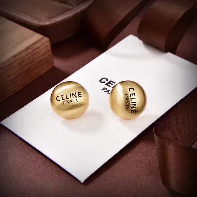 Celine Silver Gold Spherical Engraved Logo Earrings 3
