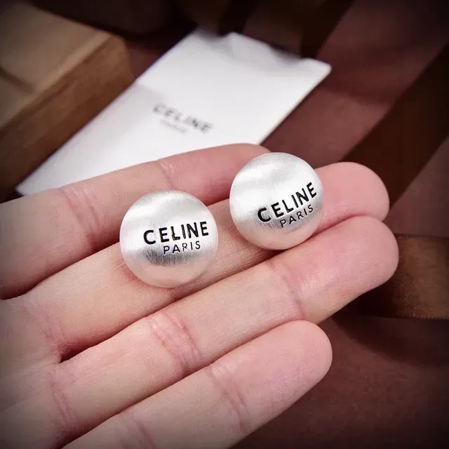 Celine Silver Gold Spherical Engraved Logo Earrings 4