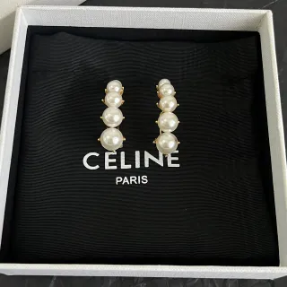 Celine White Gold Vertical Pearl Cluster Metal Earrings