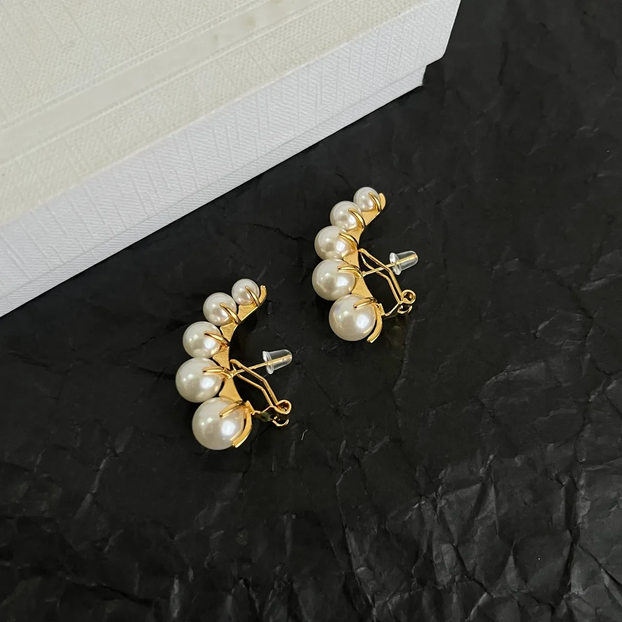 Celine White Gold Vertical Pearl Cluster Metal Earrings 2