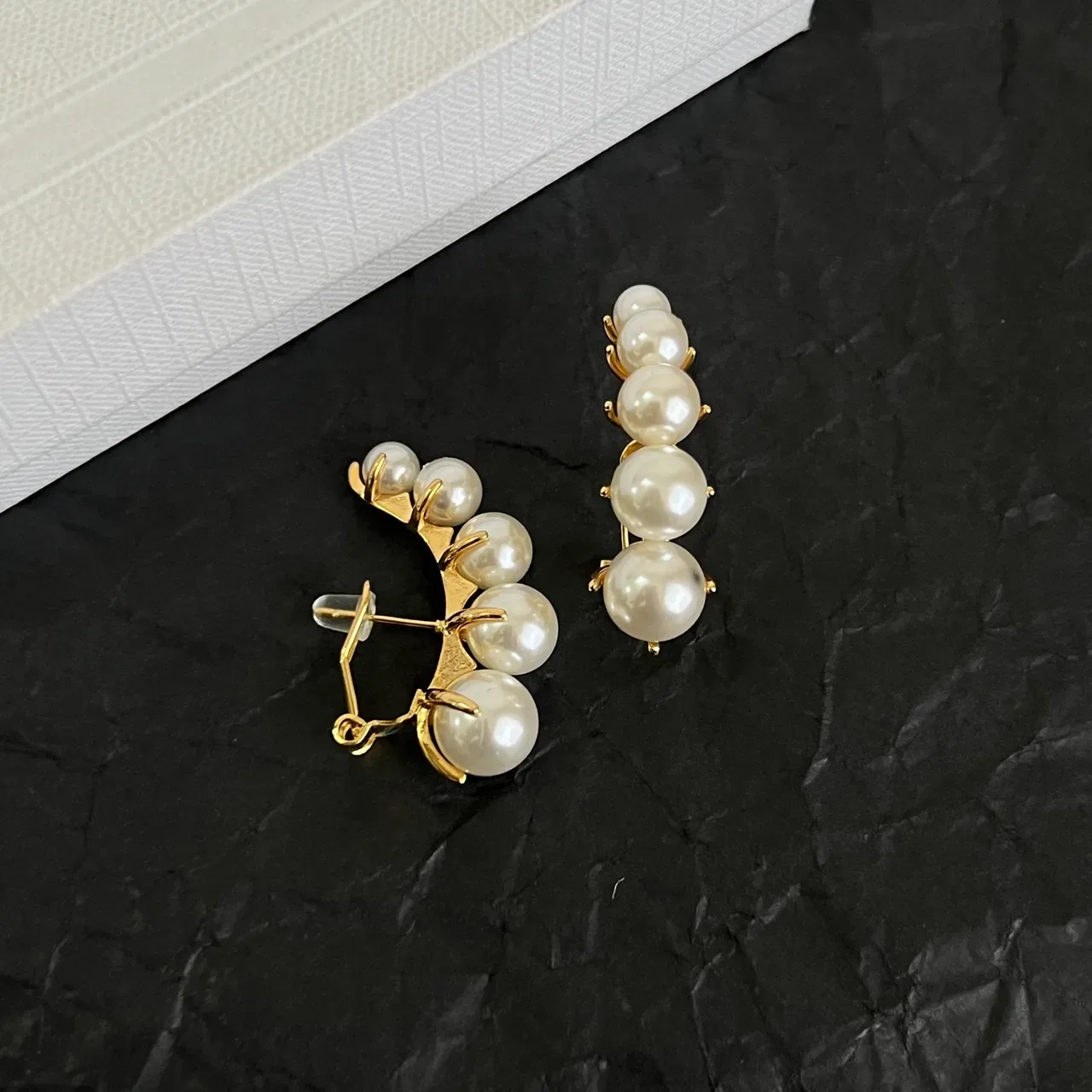 Celine White Gold Vertical Pearl Cluster Metal Earrings 3