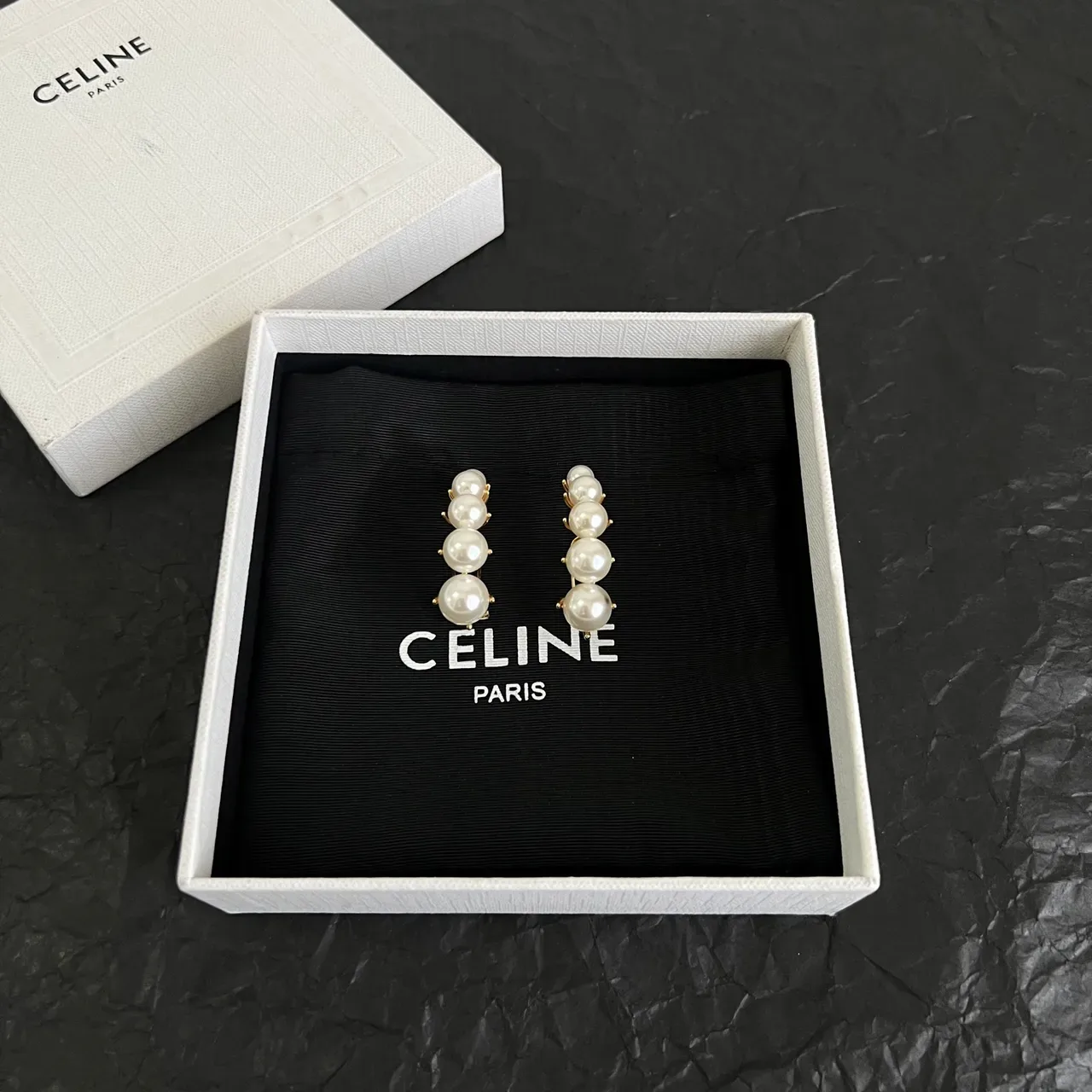 Celine White Gold Vertical Pearl Cluster Metal Earrings 5