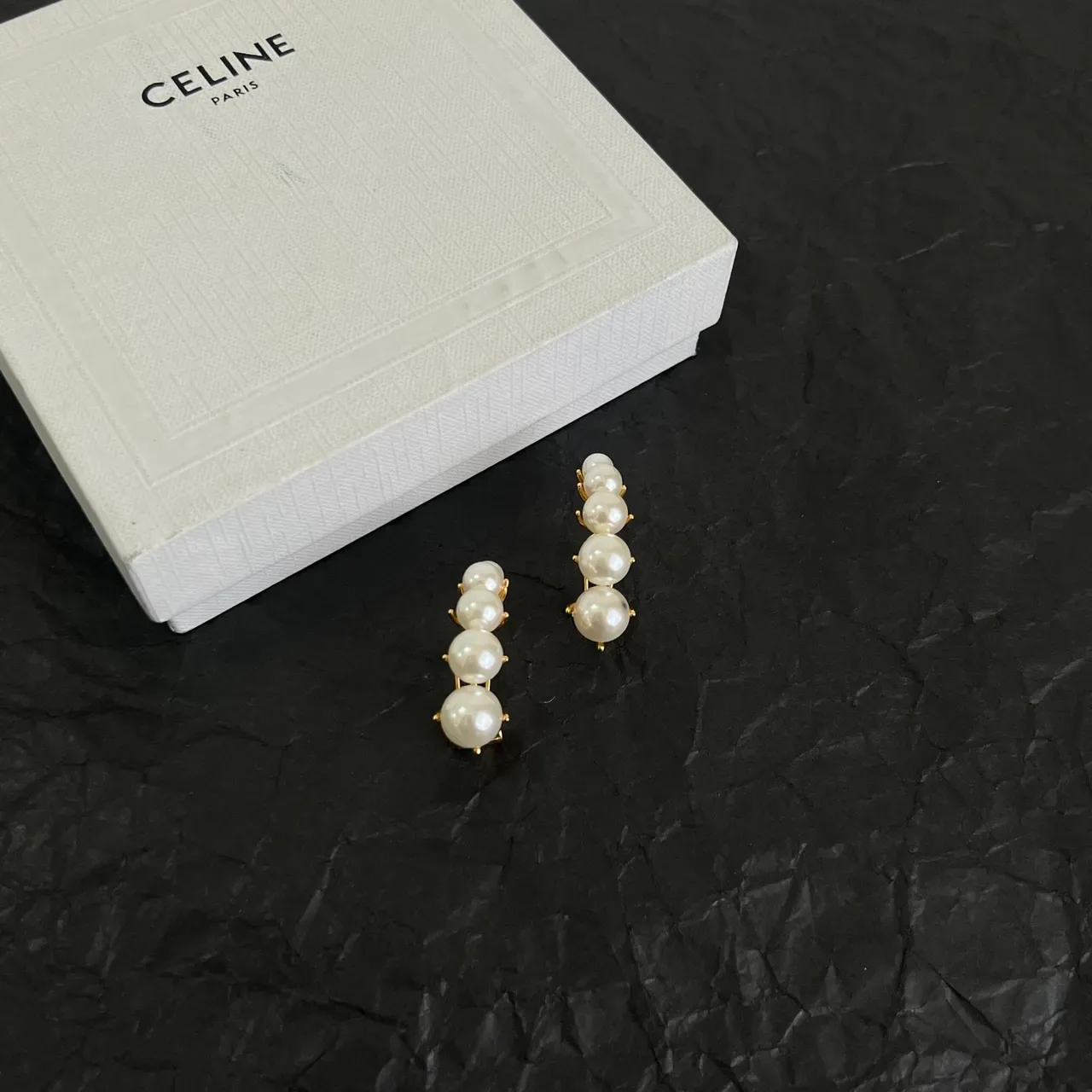 Celine White Gold Vertical Pearl Cluster Metal Earrings 6