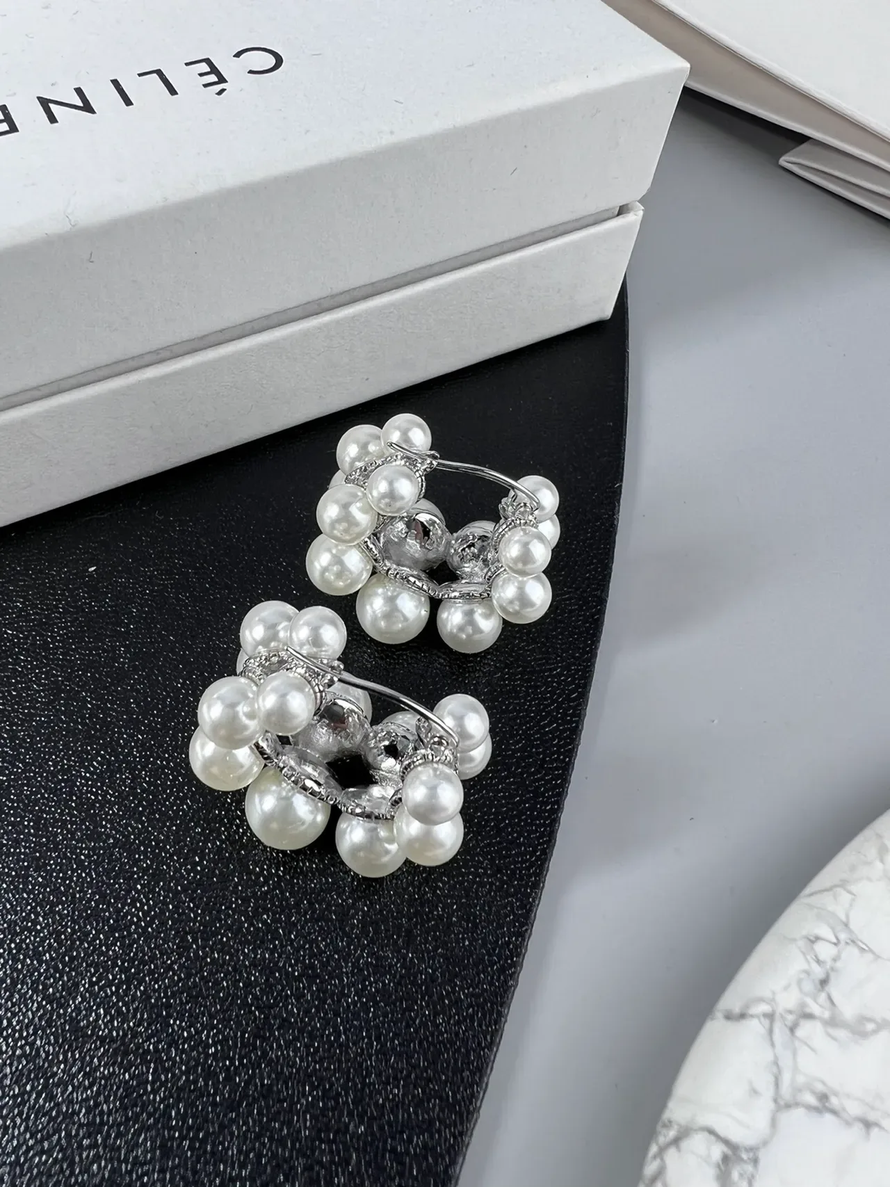 Céline White Silver Pearl Cluster Metal Jewelry 8