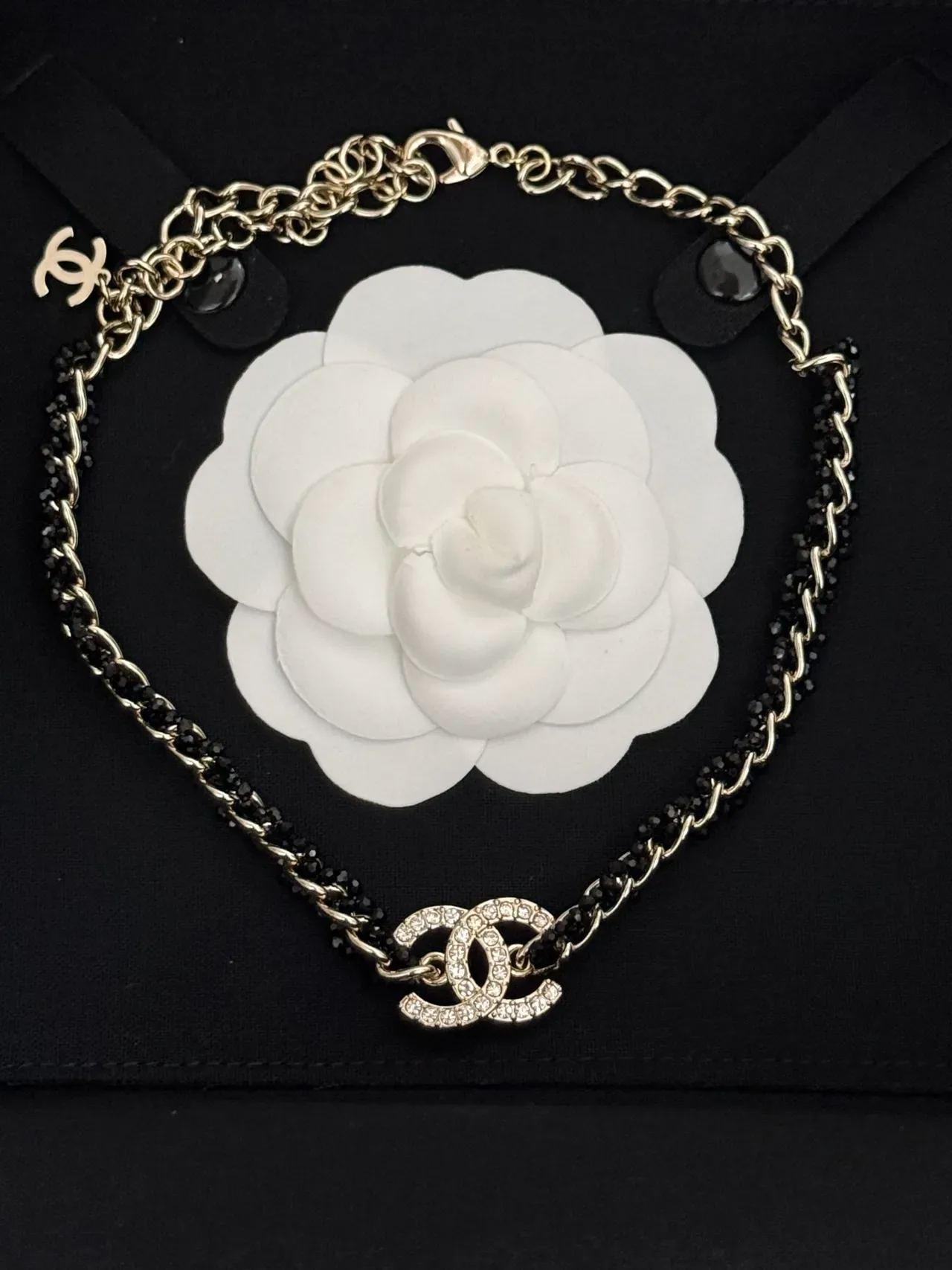 Chanel Bijoux Fantaisie Collier Double Chaîne Noir Argent à perles 2