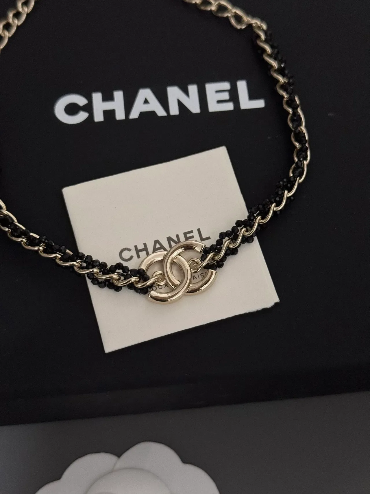 Chanel Bijoux Fantaisie Collier Double Chaîne Noir Argent à perles 3