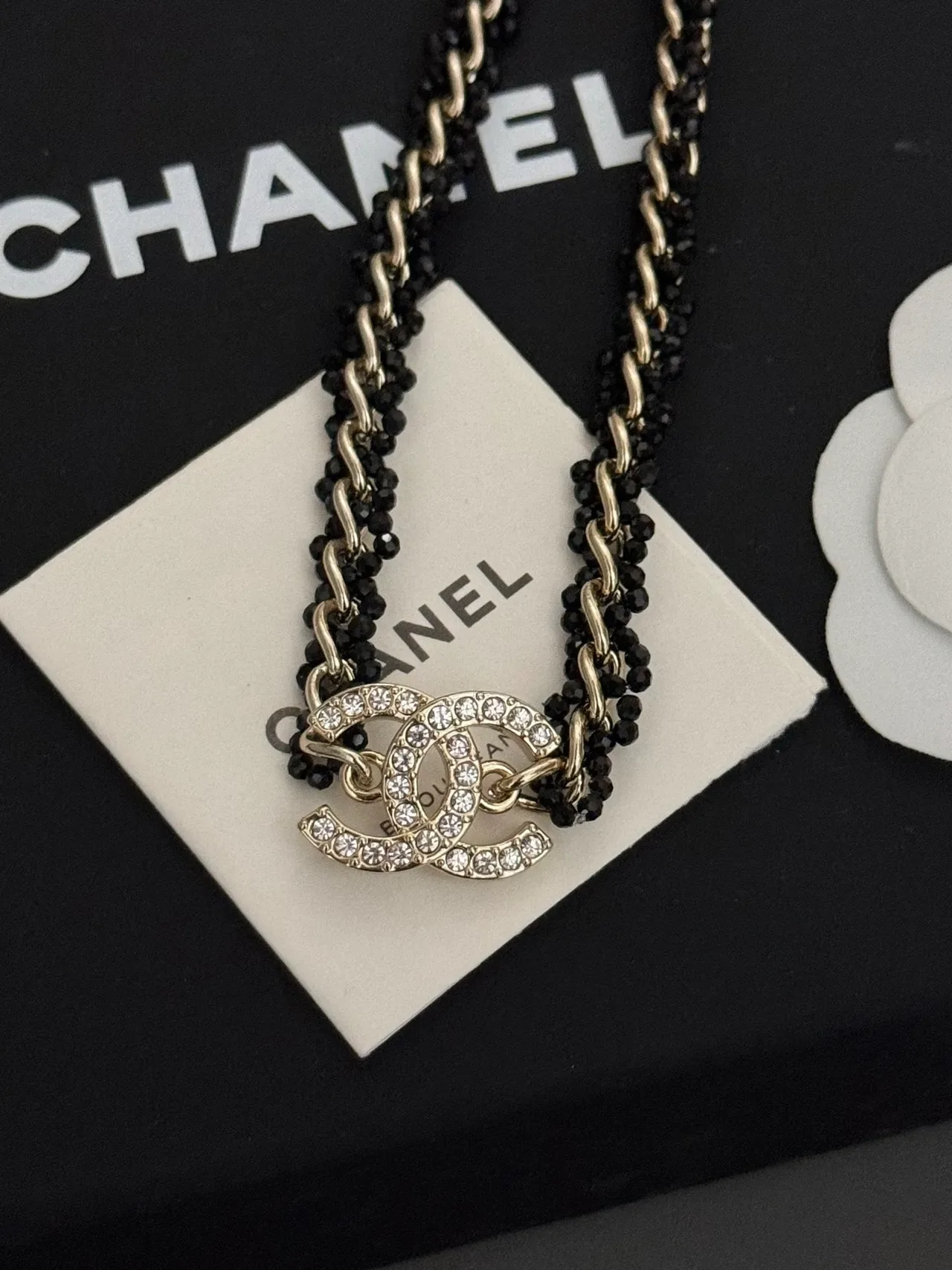 Chanel Bijoux Fantaisie Collier Double Chaîne Noir Argent à perles 4