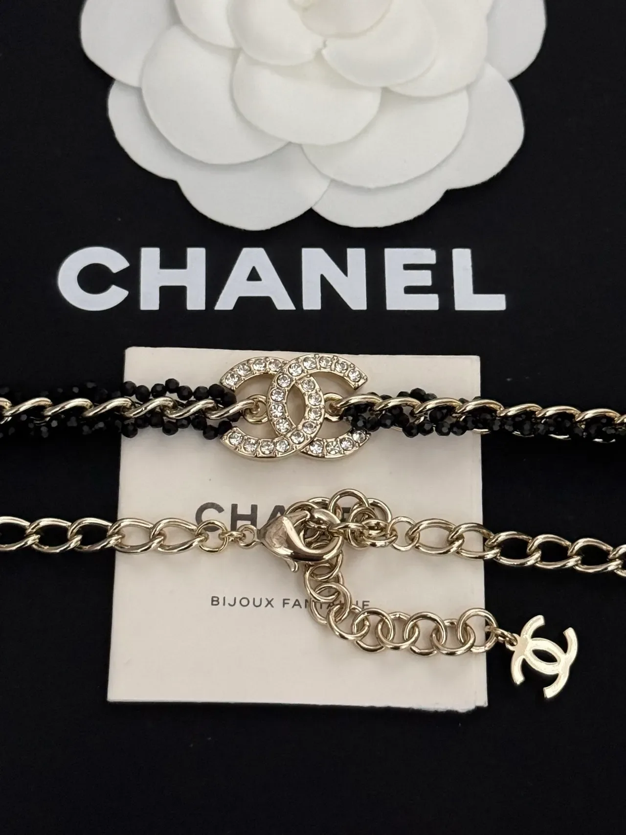 Chanel Bijoux Fantaisie Collier Double Chaîne Noir Argent à perles 5