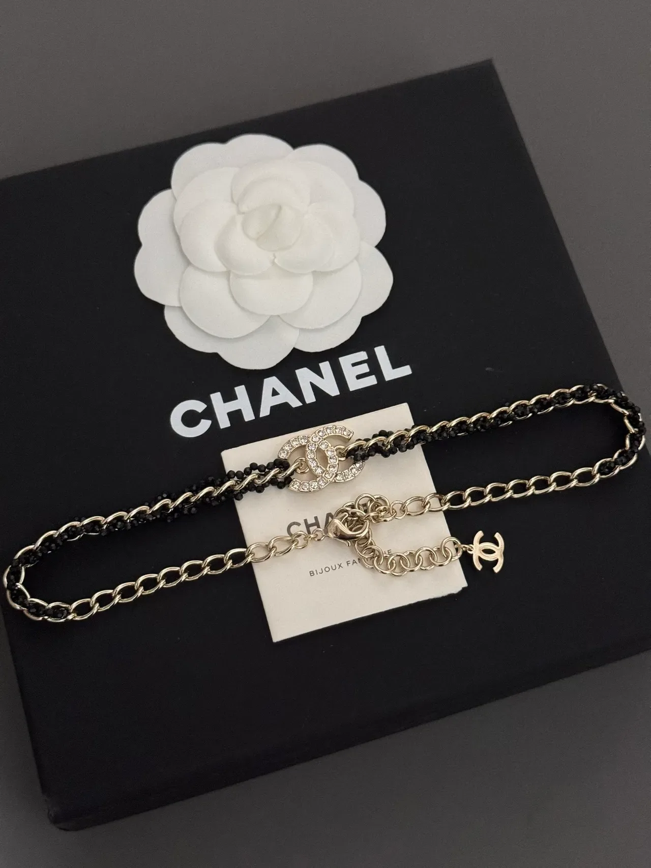 Chanel Bijoux Fantaisie Collier Double Chaîne Noir Argent à perles 6
