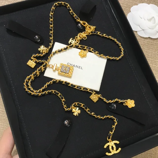 Chanel Black Gold Chain Leather Cord Necklace 2