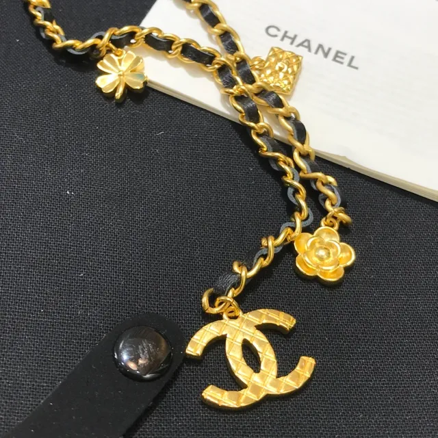 Chanel Black Gold Chain Leather Cord Necklace 5