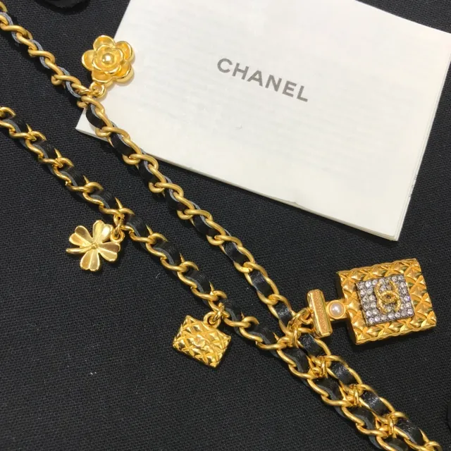 Chanel Black Gold Chain Leather Cord Necklace 6