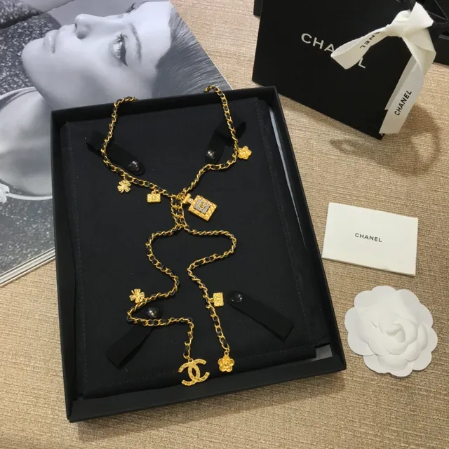 Chanel Black Gold Chain Leather Cord Necklace 7