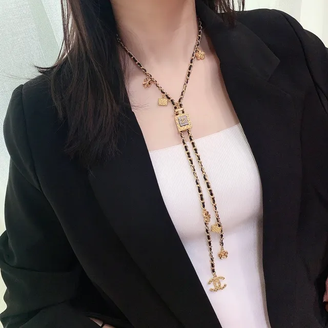 Chanel Black Gold Chain Leather Cord Necklace 8