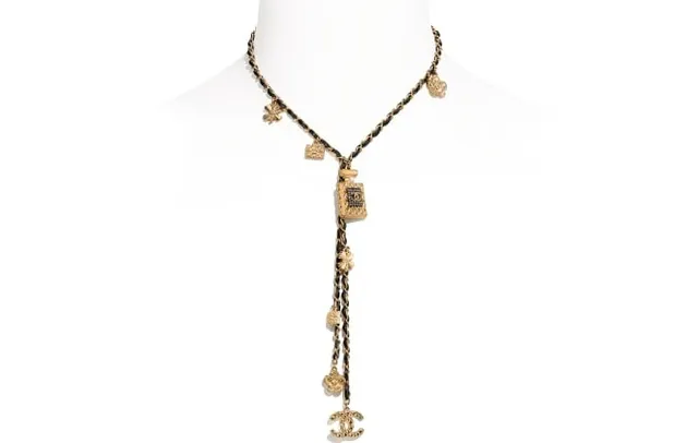 Chanel Black Gold Chain Leather Cord Necklace 9