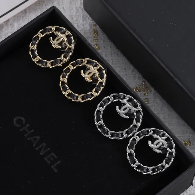 Chanel Black Gold Circular Hoop Interwoven Chain Earrings 6