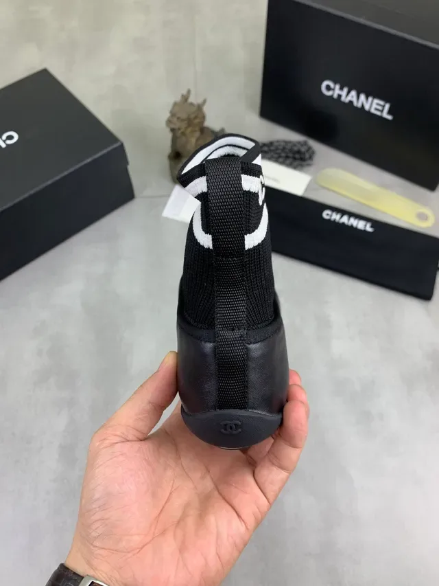 Chanel Black White Knit Sock Ankle Leather Toe Cap Ballet Flat 3
