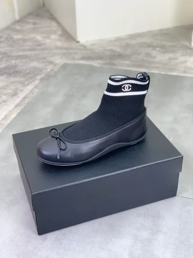 Chanel Black White Knit Sock Ankle Leather Toe Cap Ballet Flat 4