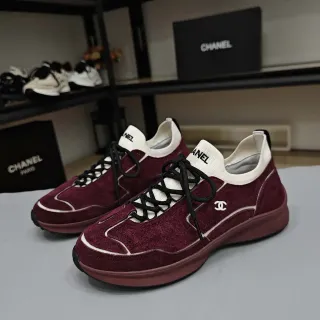 Chanel Burgundy White Suede Upper Knit Collar Lifestyle Sneakers