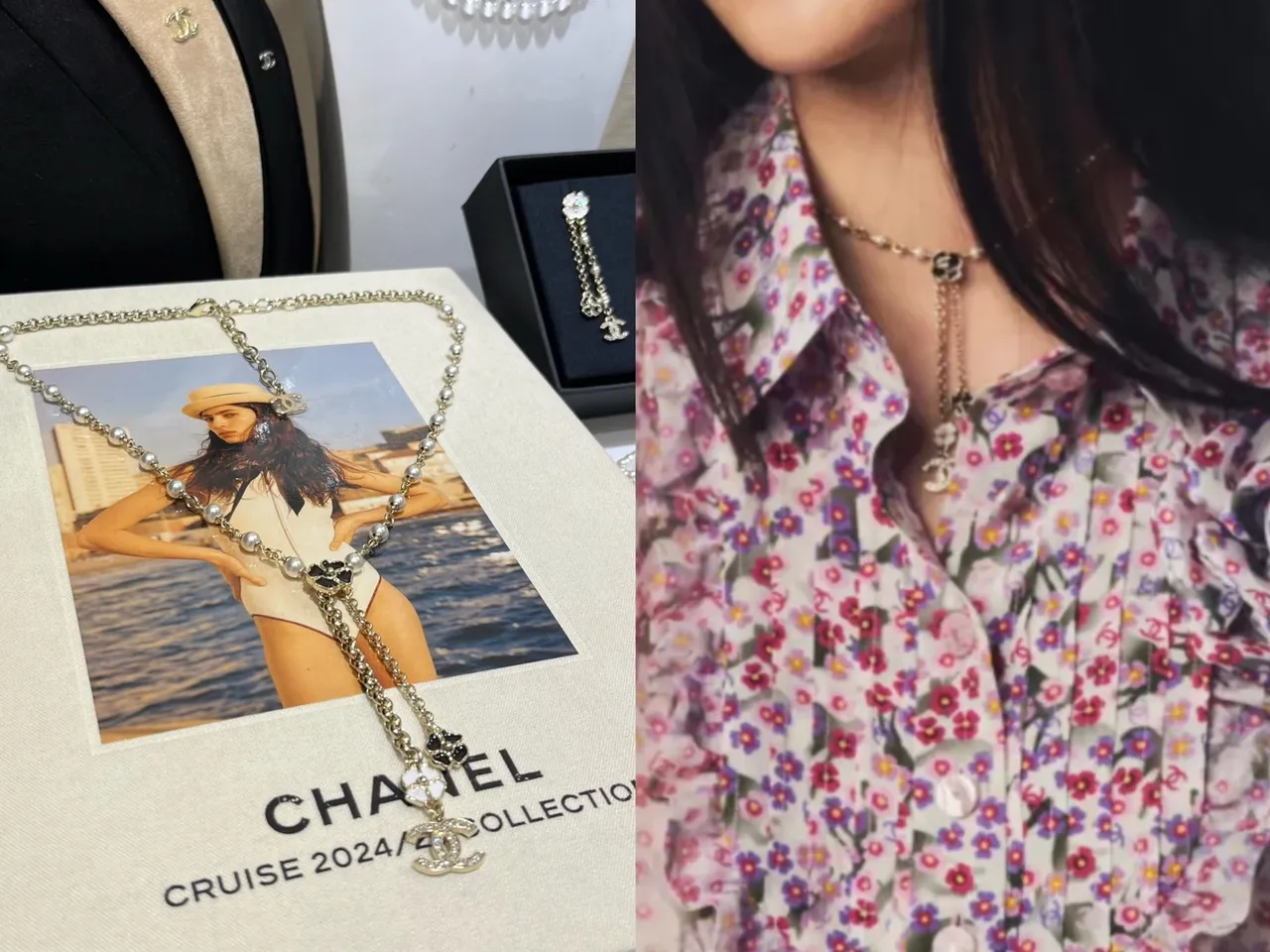Colar Chanel Camélia de pérolas dourado branco lariat com charms logo CC 5