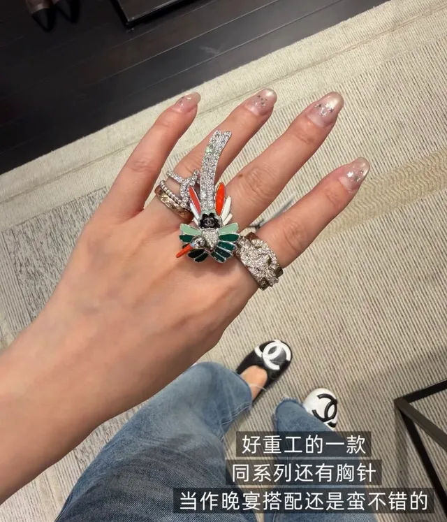 Chanel Camellia Floral Enamel and Pavé Crystal Ring 2